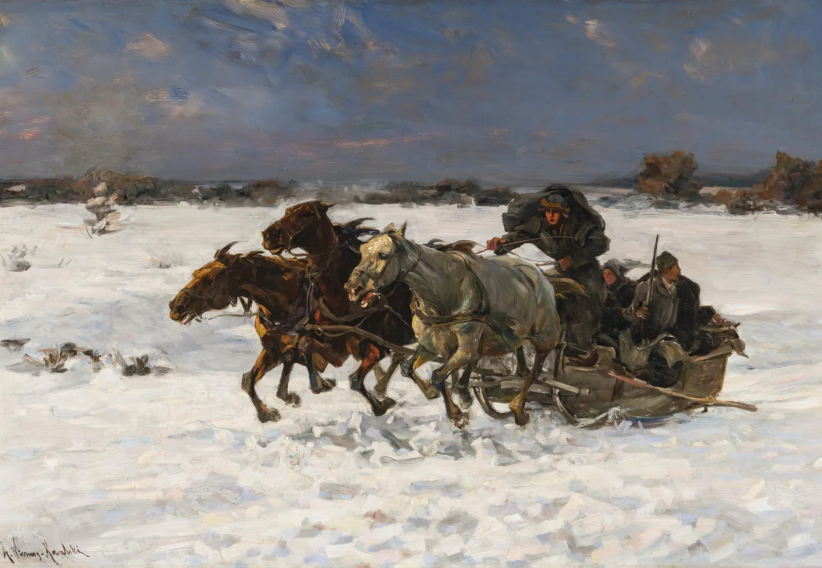 Alfred Von Wierusz-Kowalski - Horse-drawn sleigh in a winter landscape ...