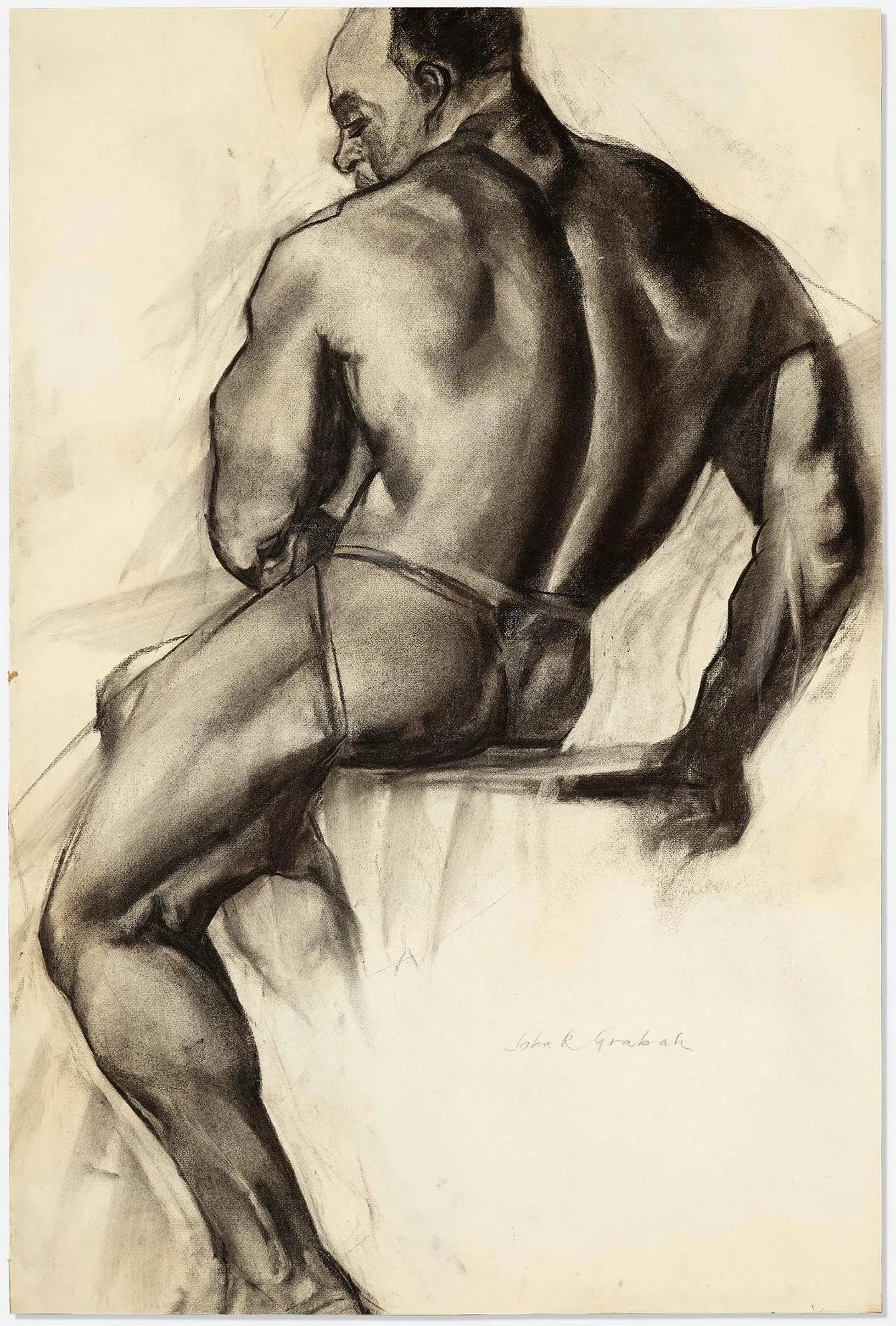 John R. Grabach - Black Male Nude Sitting, Academic Charcoal Nude Figure  Drawing Life Class | Widewalls