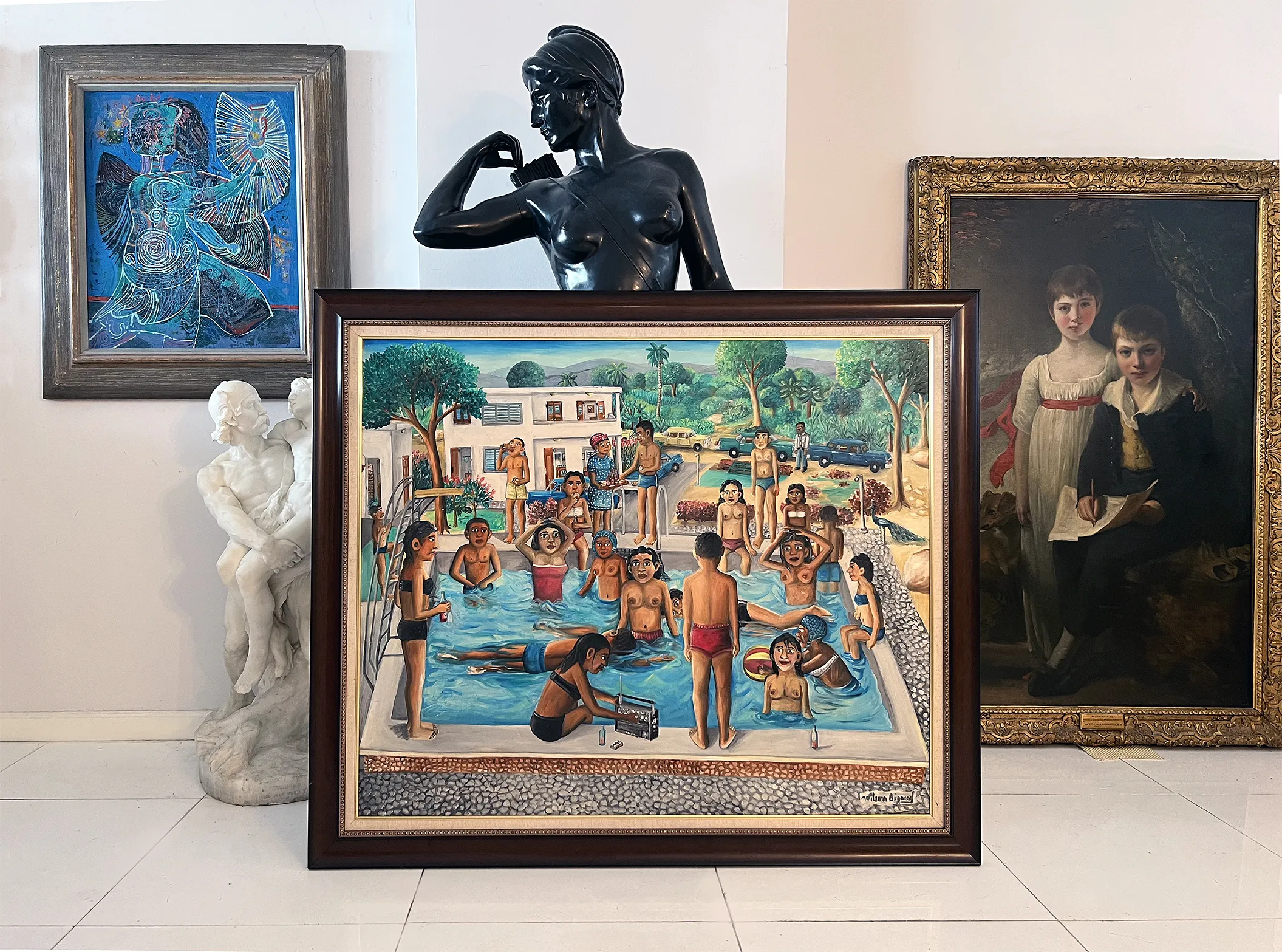 Wilson Bigaud - What Are They Looking At ? - Sexy Nude Naive Caribbean Art  - Swimming Pool | Widewalls