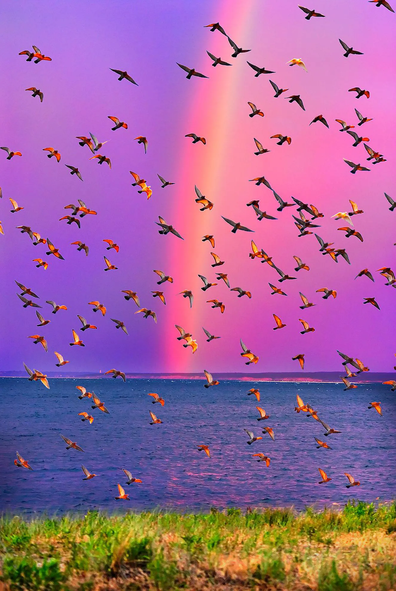 Birds on Colorful Sky with Sun Fabric