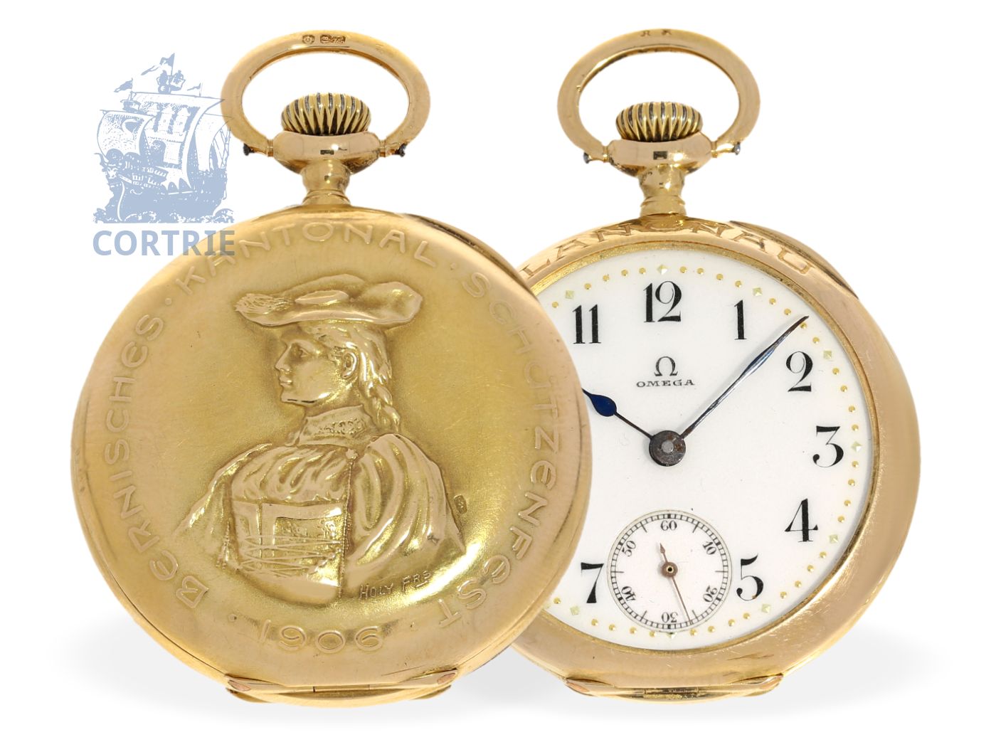 Pocket watch very rare Omega marksman watch, gold, Bern Shooting