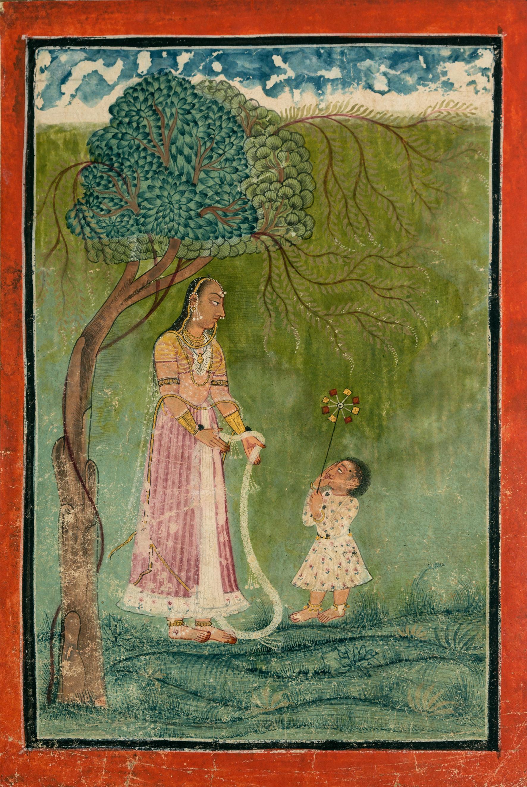 Indian Miniature Painting - A Lady Holding Out A Garland To A Child
