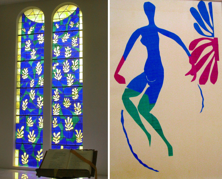 Left Henri Matisse's paper cut outs - The Chapelle du Rosaire / Henri Matisse paper cutouts Blue Nude with Green Stockings 1952