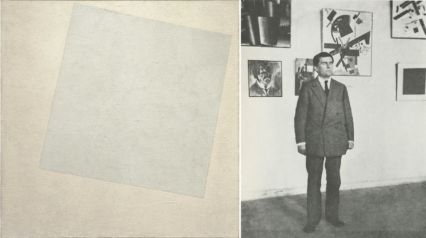 Left Kazimir Malevich - Suprematist Composition White on White 1918 Right Kazimir Malevich standing in the Museum of Artistic Culture 1924