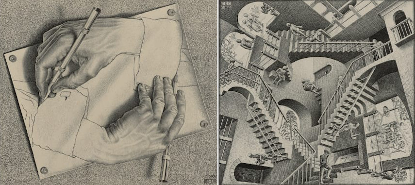 Left M C Escher - Drawing Hands Right M C Escher - Relativity