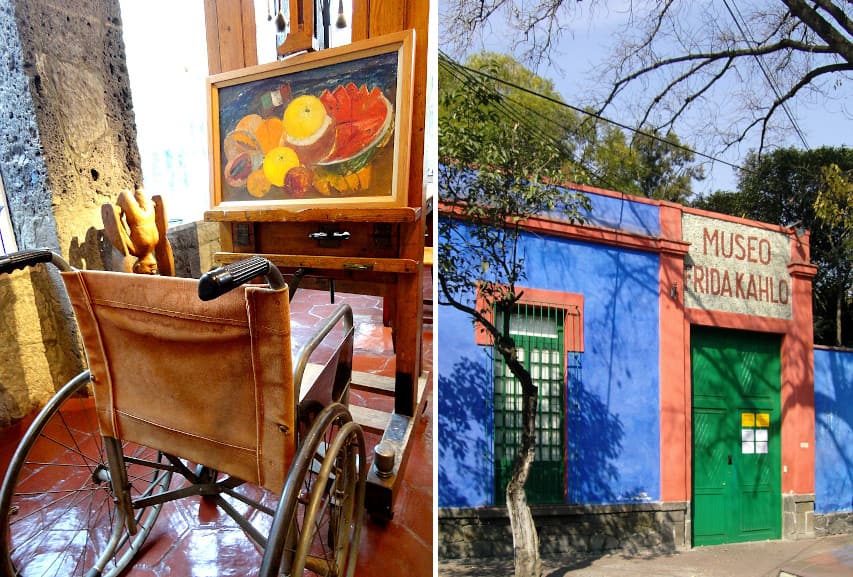 Left Wheelchair in Frida Kahlos Blue House Right The blue House in Coyoacan