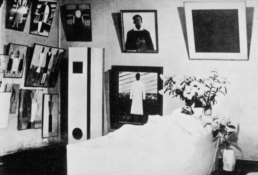 Malevich in his deathbed surrounded by his works 1935