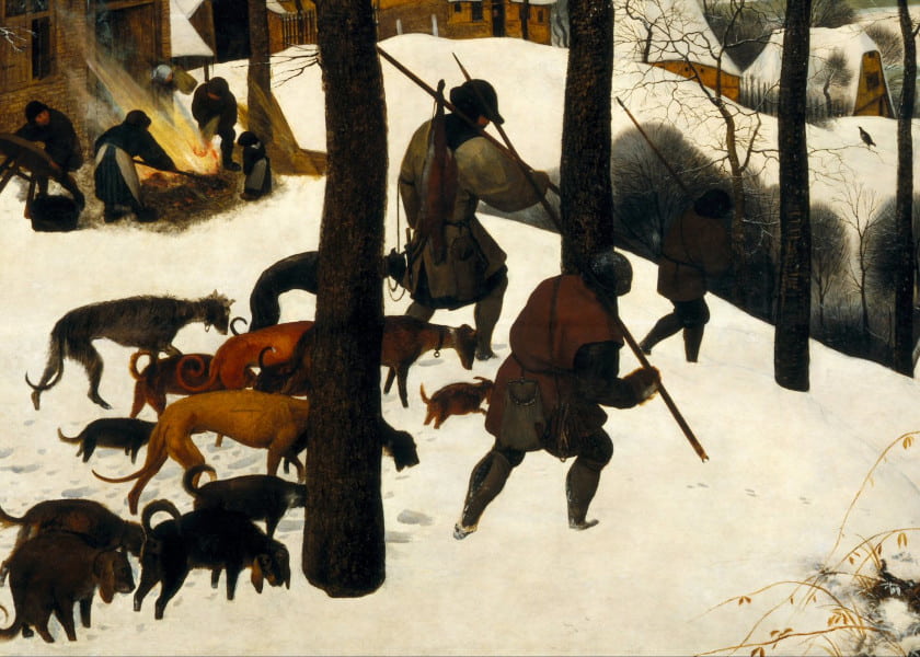 Pieter Bruegel the Elder, Hunters in the Snow, detail, Hunters, 1565