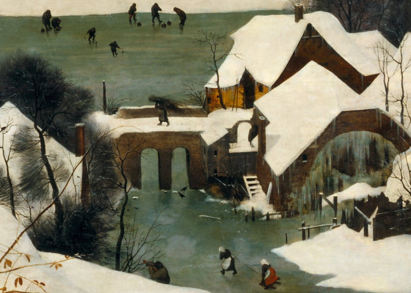 Pieter Bruegel the Elder, Hunters in the Snow, detail, Mill, 1565