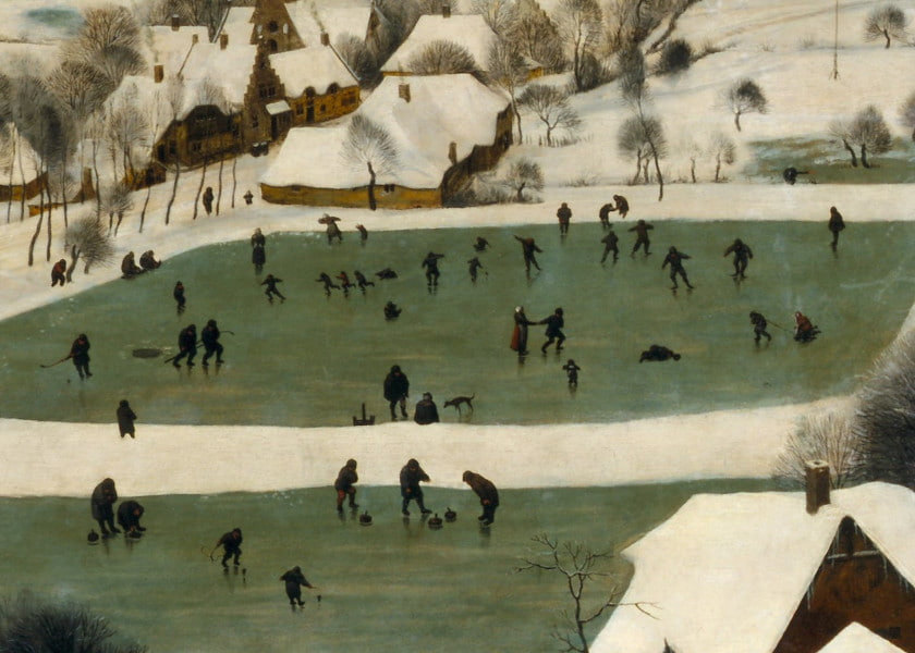 Pieter Bruegel the Elder, Hunters in the Snow, detail, Winter Games, 1565